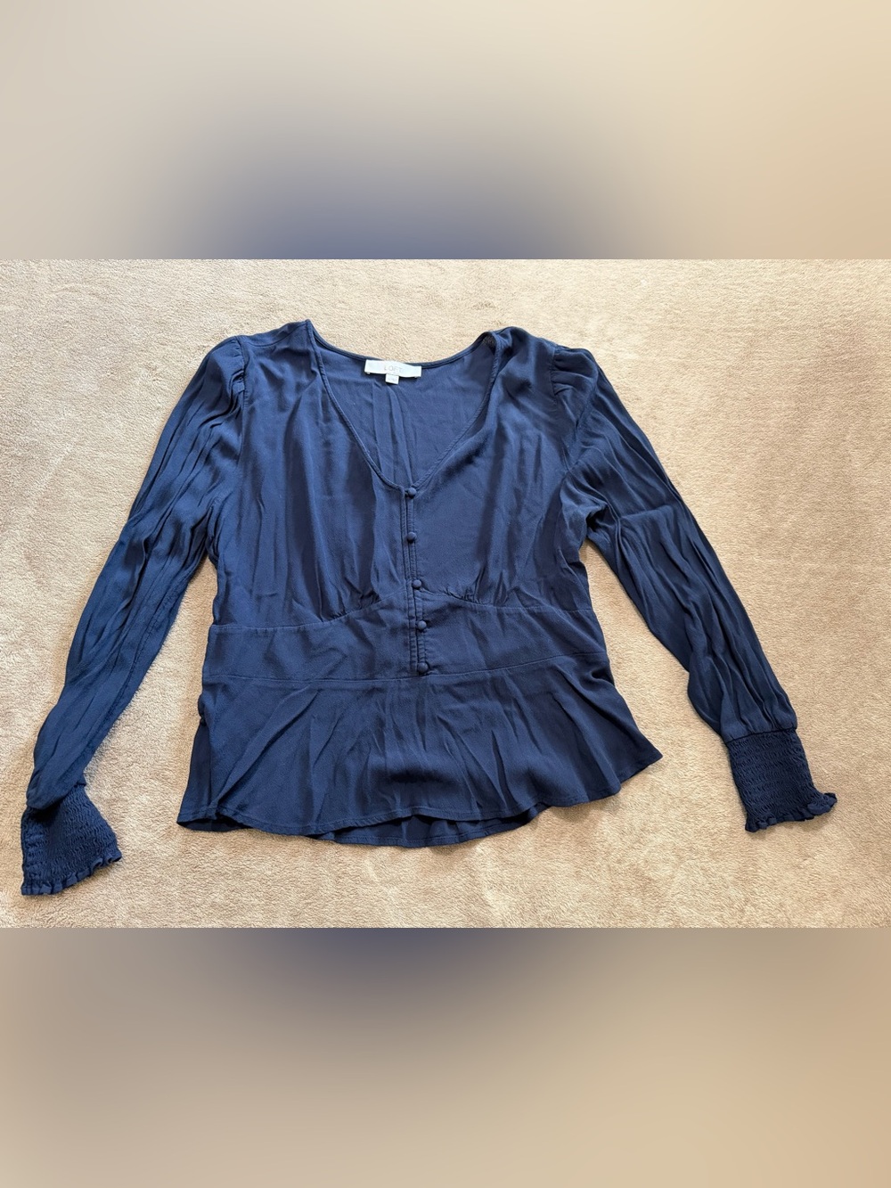 Navy Button-Front V-Neck Smocked Cuff Peplum Top